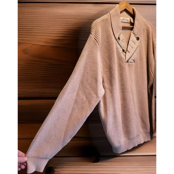 Mens Vtg Orvis Beige Shawl Collar Sweater Elbow Patch Buttons Sz XL - Picture 3 of 6